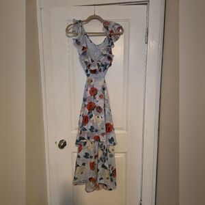 L'ATISTE Blue Floral Maxi Dress with Ruffles